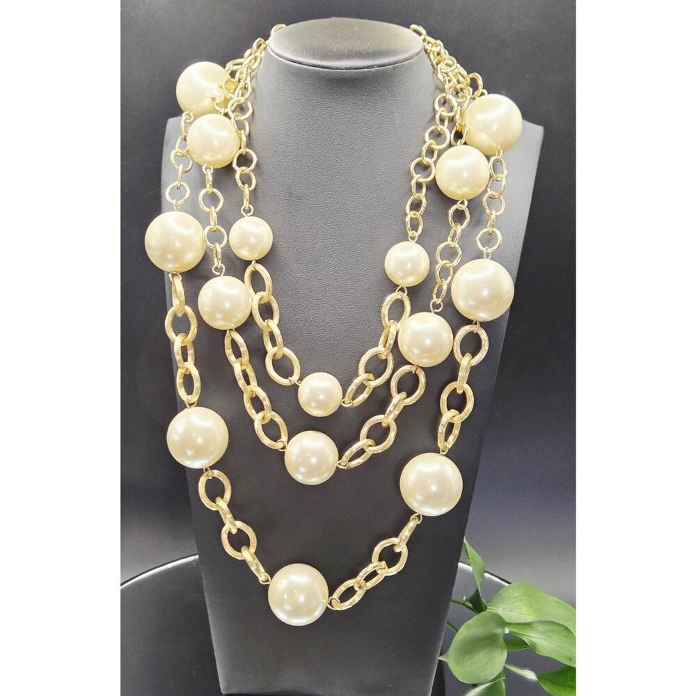 Fabulous Chunky Pearl 3 Strand Layered Gold Tone Statement Necklace Bold Fashion